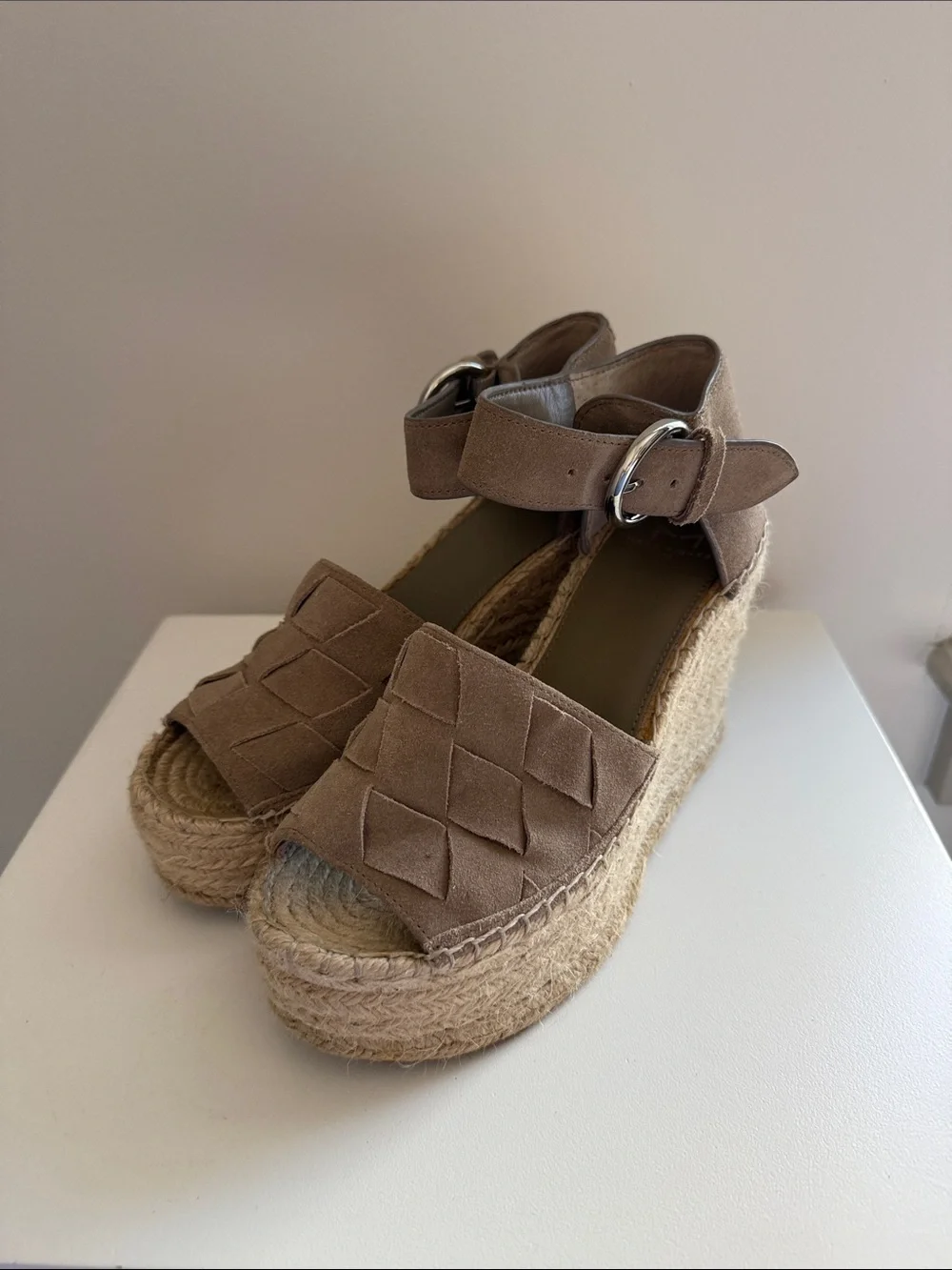 Marc Fisher Taupe Suede Espadrille Platform Sandals